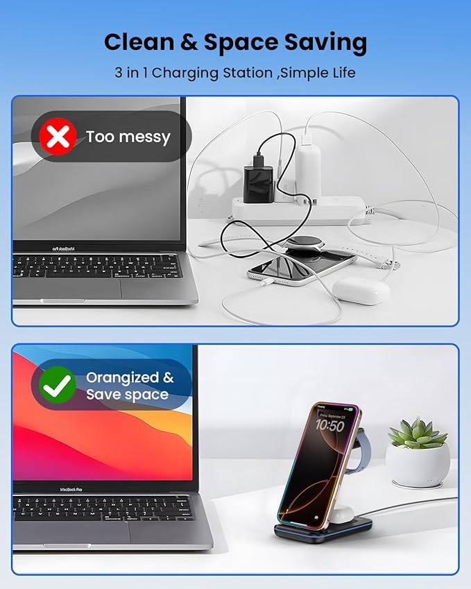 Wireless Charger Stand, CIYOYO 3 in 1 Fast Wireless Charging Station Dock for Apple Watch 11/9/8/7/6/SE/5/4/3/2, Airpods 3/2/Pro, iPhone 17/16/15/14/14 Plus/14 Pro Max/13/13 Pro/12/12 Pro/SE/X/XR/XS/8