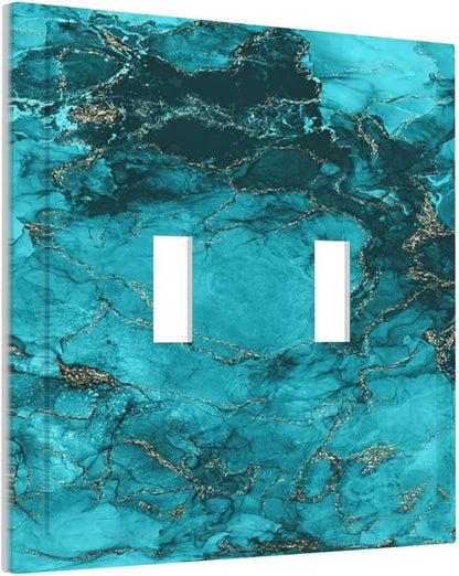 Decorative Light Switch Plate Covers Modern Abstract Turquoise Blue Marble Texture 2 Gang Wall Plate Double Toggle Double Light Switch Covers for Bathroom Home Decor （2 Pack）