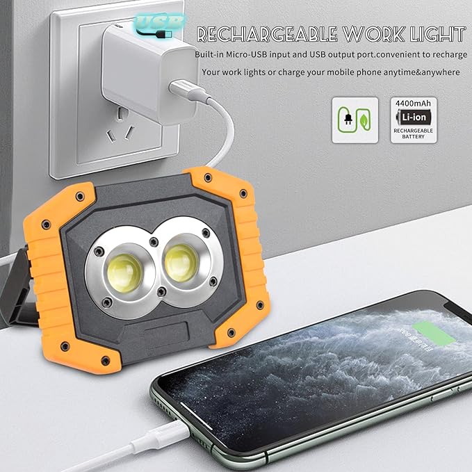 OTYTY LED Work Light 2-Pack, 30W 1500LM Portable Rechargeable Flood Lights with Magnetic Base, 4200mAh Battery for Outdoor, Camping, Hiking, Emergency, Car Repairing, Job Site Lighting (W839 Yellow)