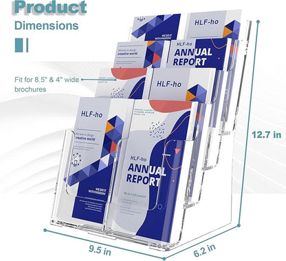 Brochure Holder 8.5x11 Inch 4 Tier with Removable Divider for 4x9 inch Clear Acrylic Pamphlet Display Stand Holder Countertop Use or Wall Mount for Office, Lobby, Hotel, Trade Show, 2 Pack