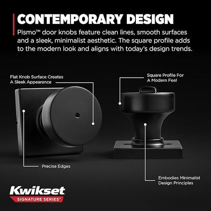 Kwikset Pismo Interior Privacy Door Knob with Lock, Door Handle for Bathroom and Bedroom, Matte Black Keyless Turn Lock Doorknob, with Microban Protection, Square Rose (Pack of 10)