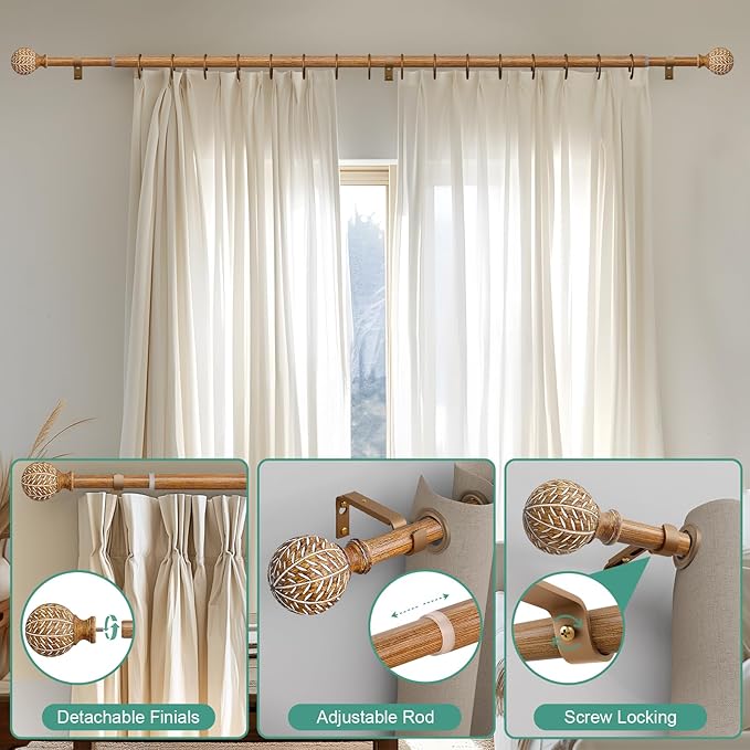 Imitation Wood Grain Ball Curtain Rods for Windows 72 to 144 Inch,1 Inch Heavy Duty Adjustable Wood Curtain Rod,Boho Decorative Drapery Rods Set with Brackets,Size:36''-150''