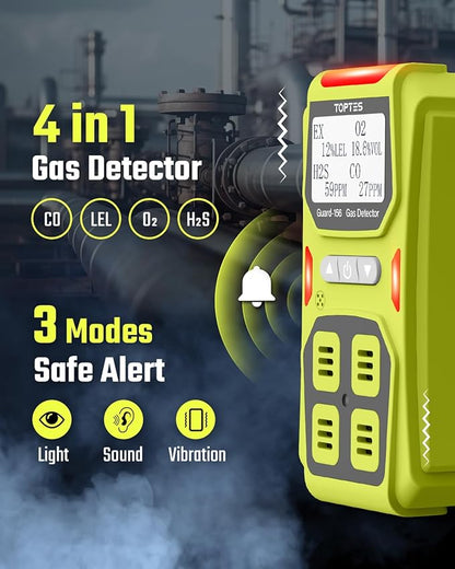 Guard-156 4 Gas Monitor Multi Gas Detector for H2S, CO, LEL, and O2, Triple Alarm Modes (Visual, Vibration, Sound), 0.5s Fast Response, Dust and Explosion Proof Design for Work and Home Safety - Green