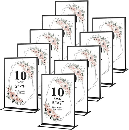 10 Pack 5x7 Acrylic Sign Holders, Double Sided Vertical Stand Clear Picture Frames, Wedding Table Numbers Frames for Party, Restaurant Signs and Office Photos, Black