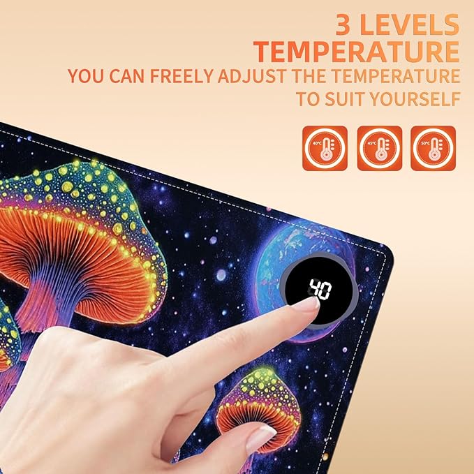 Heated Mouse Pad 31.5x13 in 3-Temp Fast Heating Desk Mat with Auto Timer Warmer for Hands Wrist Pain Relief Waterproof Keyboard Mat for Office, Gaming, Home, Mushroom Galaxy Art