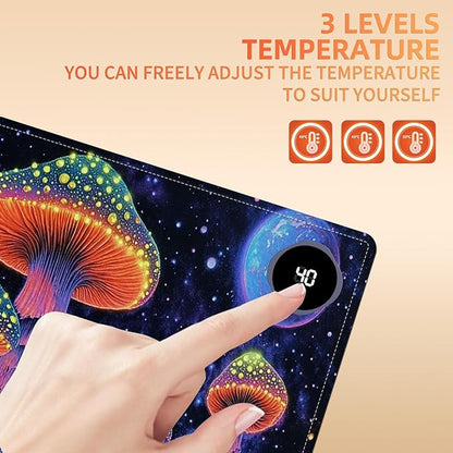 Heated Mouse Pad 31.5x13 in 3-Temp Fast Heating Desk Mat with Auto Timer Warmer for Hands Wrist Pain Relief Waterproof Keyboard Mat for Office, Gaming, Home, Mushroom Galaxy Art