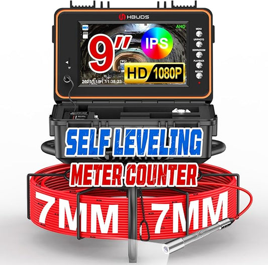 Sewer Camera, Self Leveling Drain Camera 65ft with Meter Counter, 7mm Thick Cable, 9" HD Screen 1080P Plumbing Cameras Snake with Light, 5100mAh Battery Duct Pipe Video Inspection Cam DVR 32GB