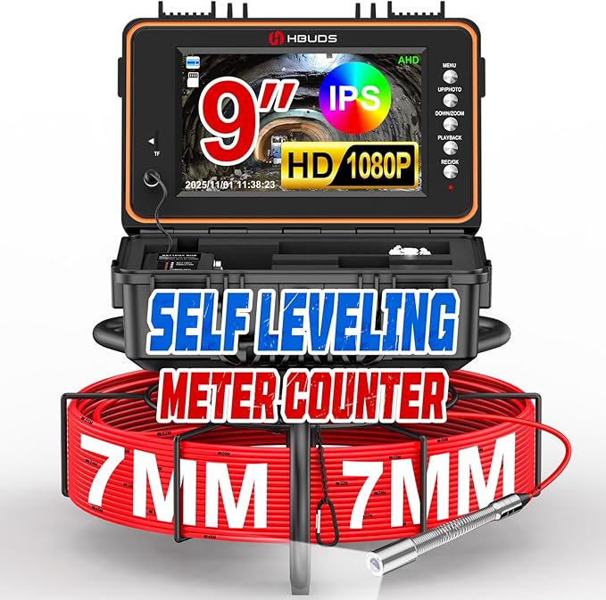 Sewer Camera 100ft, Self Leveling Drain Camera with Meter Counter, 7mm Thick Cable, 9" HD Screen 1080P Plumbing Cameras Snake with Light, 5100mAh Battery Duct Pipe Video Inspection Cam DVR 32GB
