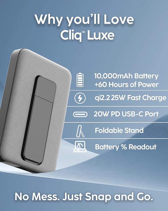 myCharge CliqLuxe 10,000mAh Wireless Magnetic Power Bank - Qi2.2 25W Ultra-Fast Wireless Charging | with Stand | 20W PD USB-C Port | Digital Battery Display | Premium Grey Fabric (Without Wall Plug)