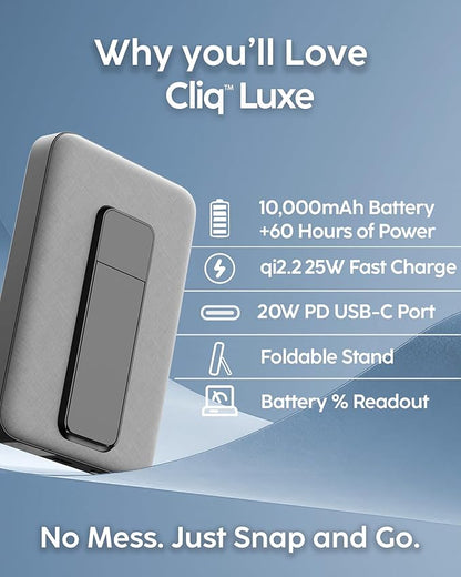 myCharge CliqLuxe 10,000mAh Wireless Magnetic Power Bank - Qi2.2 25W Ultra-Fast Wireless Charging | with Stand | 20W PD USB-C Port | Digital Battery Display | Premium Grey Fabric (Without Wall Plug)