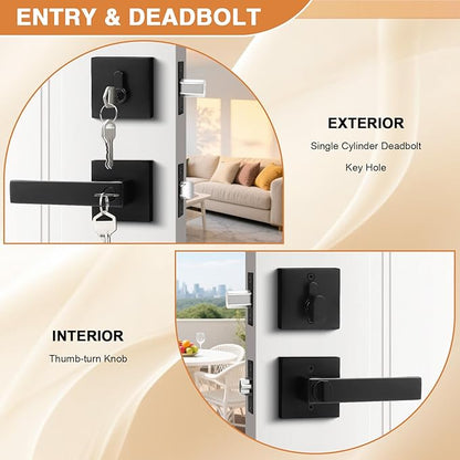 Probrico Flat Black Square Entry Levers Locksets and Single Cylinder Deadbolts Combination Set, Heavy Duty Front Door Office Entrance Levers, 3 Pack Keyed Alike(All Same Keys)