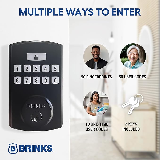 BRINKS Security Door Locks, High-Security Keyless Entry, Smart Electronic Door Lock with Deadbolt, Up to 50 Codes, Automatic Locking (Deadbolt, Matte Black)