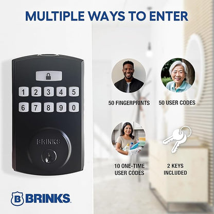 BRINKS Security Door Locks, High-Security Keyless Entry, Smart Electronic Door Lock with Deadbolt, Up to 50 Codes, Automatic Locking (Deadbolt & Passage Knob, Matte Black)