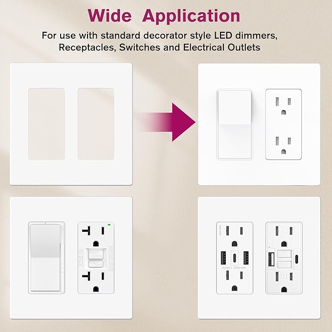 EMITEVER 2-Gang Screwless Decorator Wall Plate Cover for Receptacle Outlet & Light Switch, Standard Size 4.53"H x 4.53"W, Unbreakable Thermoplastic Faceplate, UL Listed, Matte White 5-Pack