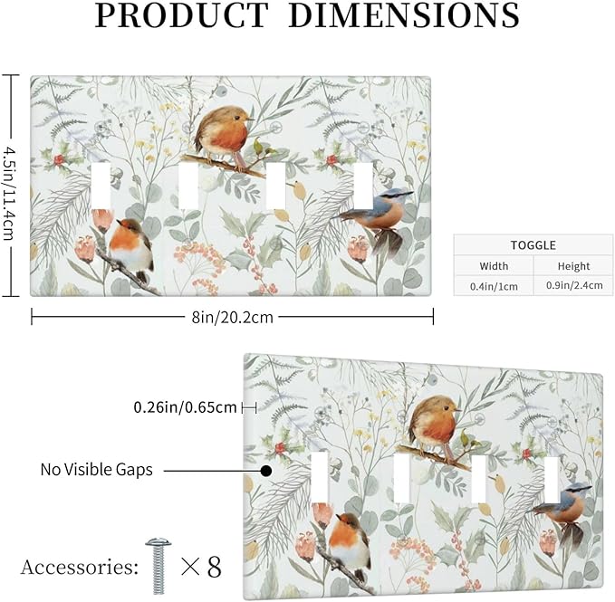 Light Switch Covers Red Floral Berries Colorful Bird Plant Quad Toggle Electrical Faceplate 4 Gang Wall Plate Decorative Switch Plates For Bed Room Living Room Decor