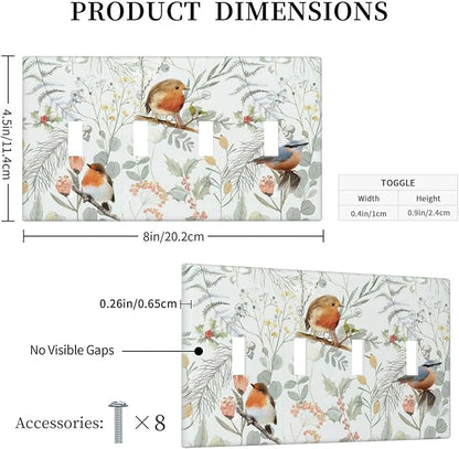 Light Switch Covers Red Floral Berries Colorful Bird Plant Quad Toggle Electrical Faceplate 4 Gang Wall Plate Decorative Switch Plates For Bed Room Living Room Decor