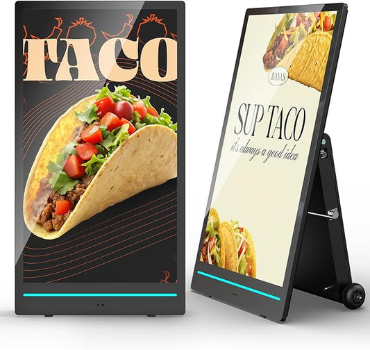 55-inch Rechargeable Portable FHD Outdoor Digital Signage Displays, IP65 Waterproof, Smart LCD Split Screen, Brightness Auto-Adjustment Movable Advertising Kiosk with Android OS