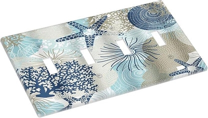 Decorative Light Switch Cover Plate Blue Starfish Brown Coral Ocean 4 Gang Wall Plates for Electrical Outlets Quad Toggle Switch Plate Covers Outlet Covers Faceplate for Girlroom Home Decor