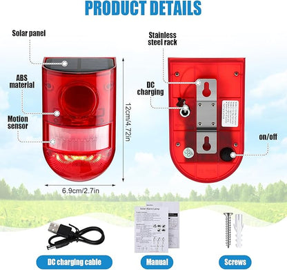 Qualirey 12 Pack Solar Sound and Light Alarm Motion Sensor 129db Outdoor Security Siren Waterproof Motion Activated Detector Alarm 6 LEDs Flash Warning Strobe System for Home, Farm (Red)