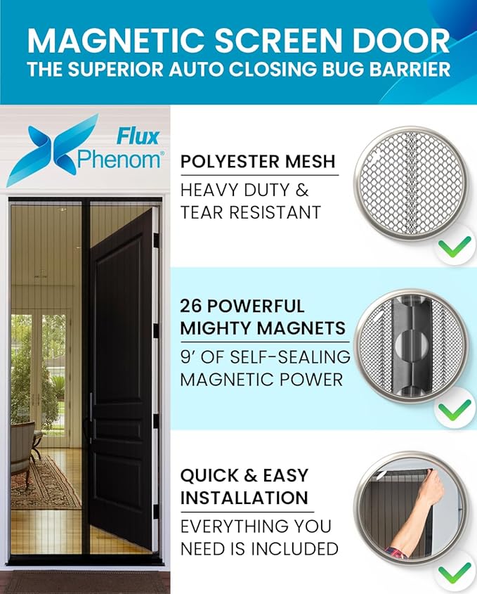 Flux Phenom Magnetic Screen Door (3 Pack) - Bugs Out, Breeze in - 9min Install Auto-Sealing Heavy Duty Double Stitched Mesh, Hands Free Sliding & Patio Doors Net, Pet & Kid Friendly, 38 x 82 Inch