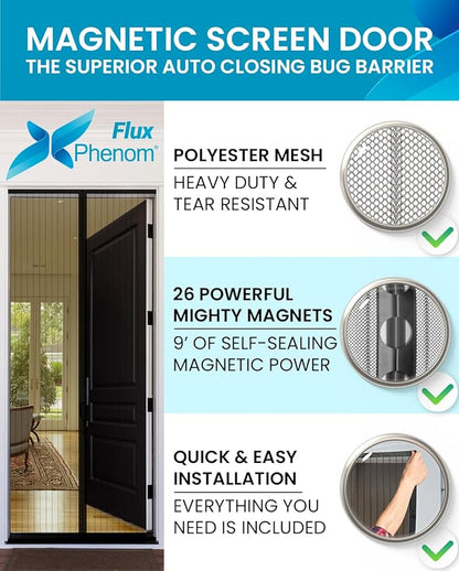 Flux Phenom Magnetic Screen Door (3 Pack) - Bugs Out, Breeze in - 9min Install Auto-Sealing Heavy Duty Double Stitched Mesh, Hands Free Sliding & Patio Doors Net, Pet & Kid Friendly, 38 x 82 Inch