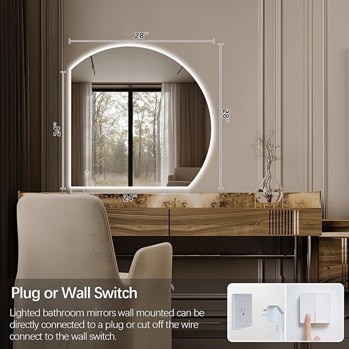 Niccy Half Moon LED Mirror for Bathroom, 28" Backlit + Front Lit Lighted Semi Round Makeup Mirrors for Wall, Anti-Fog, Dimmable 3-Colors, Memory Function, Shatterproof Smart Vanity Mirror