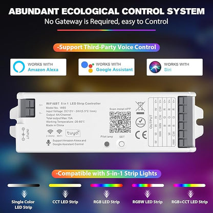 WB5 WiFi PWM 12V/24V LED Controller with RC03RFB RF Remote Control 4-Zone Group, RGB RGBW RGBCCT Strip Lights Controller Kit Compatible with Alexa Google Home Smart Life Tuya APP Control