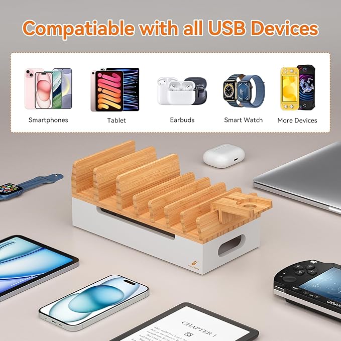 Pezin & Hulin Bamboo Charging Station with Watch Stand, Docking Holder for Multi Device with USB Charger HUB, 5 Charge Cables, Desktop Electronic Organizer for Phone, Tablet, Watch-Natural + White