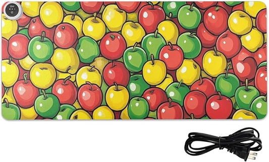 Heated Desk Pad Mouse Pad 31.5x13 Inch PU Leather Desk Mat with 3 Heat Levels Large Mouse Gaming Computer Laptop Mat Apples Colorful