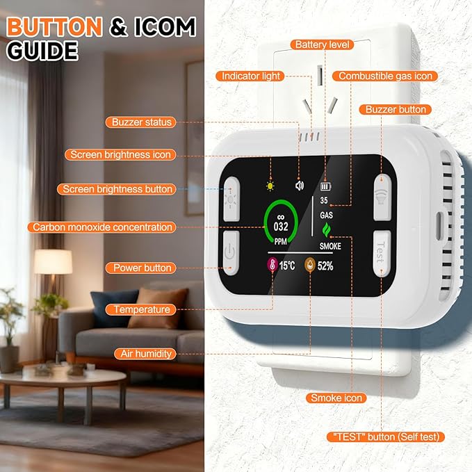 6 in 1 Carbon Monoxide Detectors Plug in, Natural Gas Detector with Smoke, Temp & Humidity Alarm, Portable 1000mAh Battery Backup, HD Digital Screen, 24/7 Home Safety for House, RV, Apartment, Travel