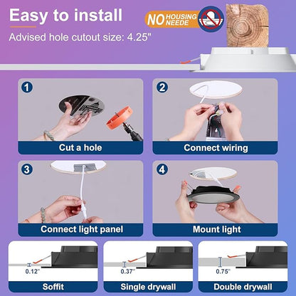 Black Smart Recessed Lighting 4 Inch RGBCW Color Changing 12W LED Downlight with Junction Box,1000 Lumen Recessed Ceiling Light Compatible with Alexa,Dimmable by Bluetooth Control -1Pack
