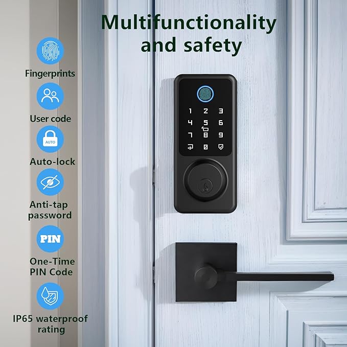 Smart Door Lock Set, Fingerprint Door Lock with Lever Handle, Black Keyless Entry Lock with App, Keypad Deadbolt for Home