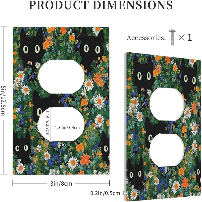 Boho Funny Black Cute Cats Daisy Wildflower Outlet Covers 1 Gang Duplex Light Switch Cover Decorative Switch Plates Electrical Receptacle Faceplate Wall Plate For Kids Room Bed Room Decor
