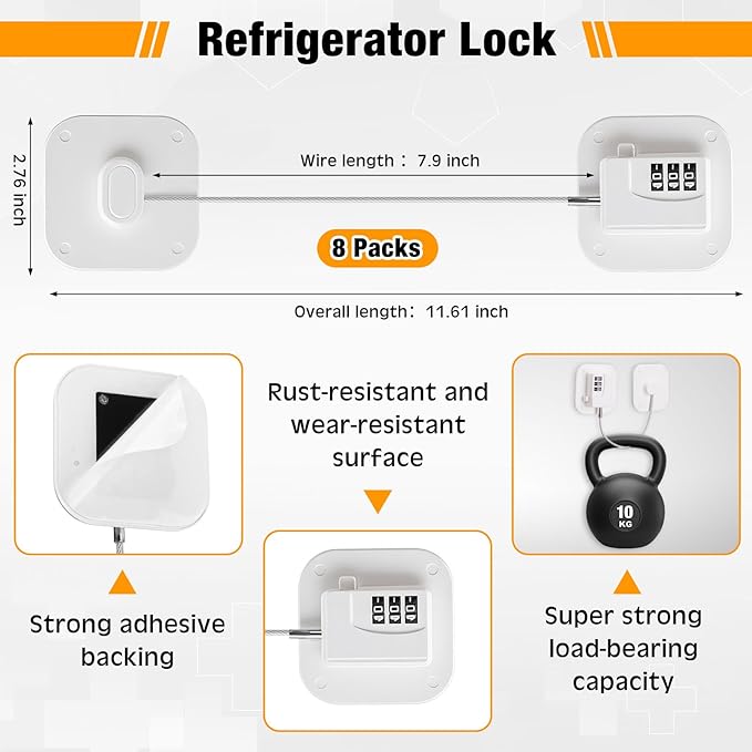 8 Pack Fridge Lock Heavy Duty Locks for Fridge Freezer Lock for Child Safety Cabinet Coded Adhesive Combination Refrigerator for Drawers Cabinet Window Easy Install No Drilling Black(White)