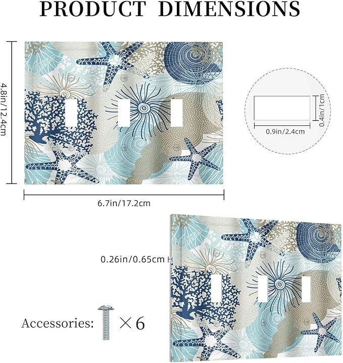Decorative Light Switch Cover Plate Blue Starfish Brown Coral Ocean 3 Gang Wall Plates for Electrical Outlets Triple Toggle Switch Plate Covers Outlet Covers Faceplate for Girlroom Home Decor