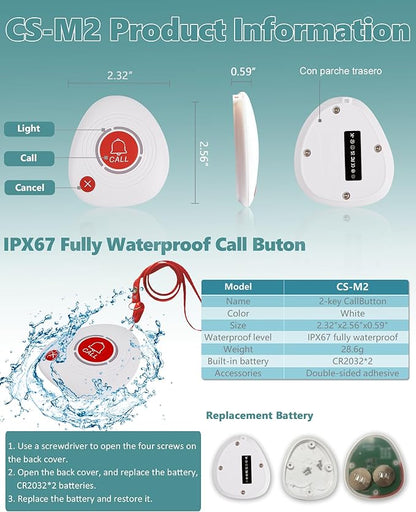 Wireless Caregiver Pager Nursing Calling System Elderly Alarm with 1 Display Receiver and 10 Waterproof 2 Key Call Buttons for Nursing Home Clinic (10 M2 Call Buttons)