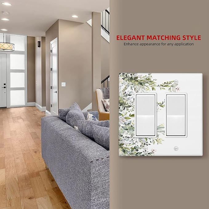 Decorative Outlet Covers Rustic Eucalyptus Leaves Green Leaf 2 Gang Light Switch Cover Plate Double Rocker Wall Plate Switch Plate Covers Faceplate for Bedroom Home Decor （2 Pack）
