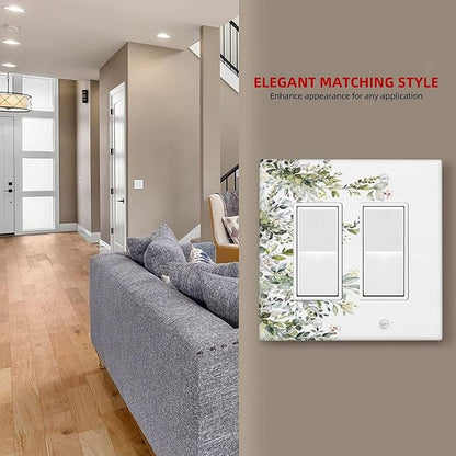 Decorative Outlet Covers Rustic Eucalyptus Leaves Green Leaf 2 Gang Light Switch Cover Plate Double Rocker Wall Plate Switch Plate Covers Faceplate for Bedroom Home Decor （2 Pack）