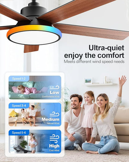 Lumary 52'' Smart Ceiling Fan with RGBAI Lights Remote, WiFi Bluetooth Low Profile Ceiling Fan with Alexa Google App, Dimmable & Color Tuning, 46 Scene, Modern Flush Mount for Bedroom Living Room