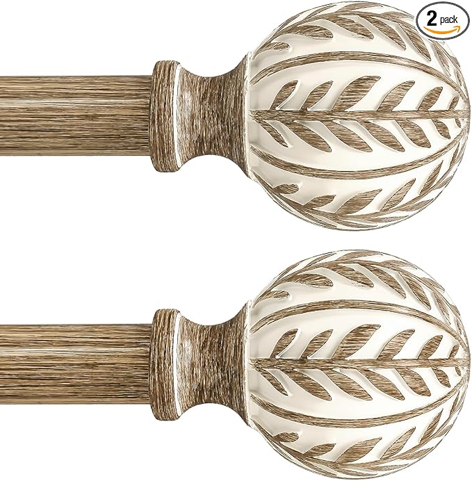 2 Pack Boho Wood Curtain Rods for Windows 72 to 144 inch,1" Adjustable Heavy Duty Window Curtain Rod with Imitation Wood Grain Finials,Rustic Decorative Drapery Rods Set 36-150'',Weathered Wood