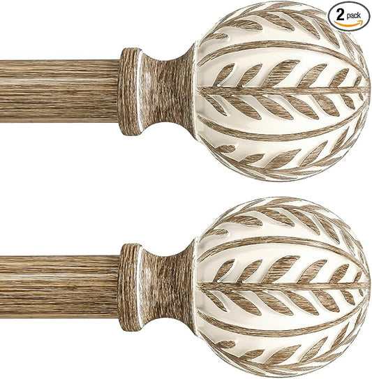 2 Pack Boho Wood Curtain Rods for Windows 72 to 144 inch,1" Adjustable Heavy Duty Window Curtain Rod with Imitation Wood Grain Finials,Rustic Decorative Drapery Rods Set 36-150'',Weathered Wood