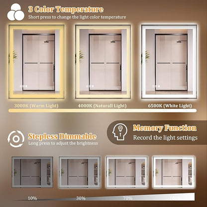 24"x32" LED Bathroom Mirror with Lights, Front & Backlit, 3 Colors Dimmable Lighted Bathroom Vanity Mirror, Anti-Fog, Memory Function, Shatter-Proof Tempered Glass