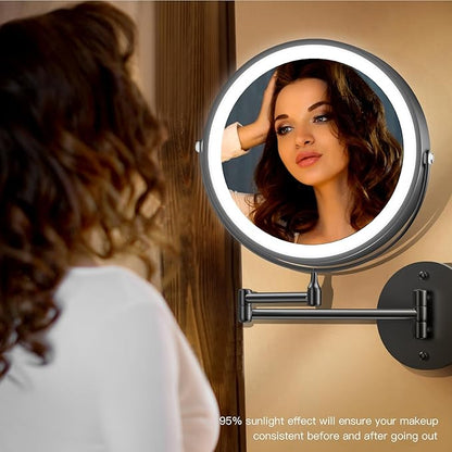 Wall Mounted Lighted Makeup Mirror, 8" Rechargeable Double-Sided Light up Magnifying Mirror 1x/10x,3 Color Led Vanity Mirror with Lights,Touch Dimmable 360° Rotation Foldable-Black
