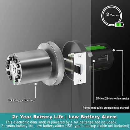 Keypad Door Knob with Key,Keyless Entry Door Lock, Code Locks Door Knob, Auto Lock,50 User Code,Easy to Install,for Home,Office,Hotel,Bedroom,Garage,No Deadbolt