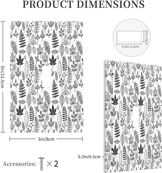 Black White Leaf Wheat Maple Leaf Plant Decorative Light Switch Cover 1 Gang Single Toggle Decorator Outlet Wall Plate Device Electrical Faceplate Switchplates for Bedroom Bathroom Decor