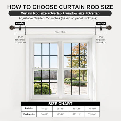 Black Curtain Rods for Windows 66 to 120 Inch 7/8" Diamete Heavy Duty Adjustable Window Curtain Rod with Decorative Finials for Farmhouse Bedroom Living Room Kitchen Outdoor