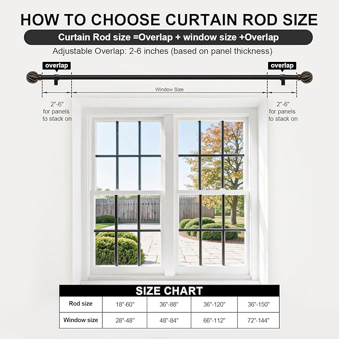 Black Curtain Rods for Windows 72 to 144 Inch 7/8" Diamete Heavy Duty Adjustable Window Curtain Rod with Decorative Finials for Farmhouse Bedroom Living Room Kitchen Outdoor