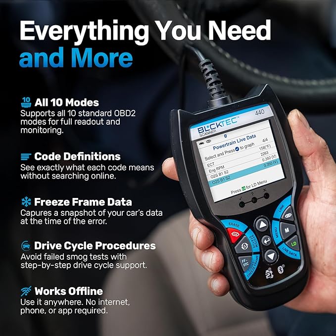 BLCKTEC 440 Bluetooth OBD2 Scanner Diagnostic Tool - Car Code Reader and Scanner for Car - Comes with Live Data - Battery/Charging System Test - Works for All OBD Compliant Cars 1996 & Newer