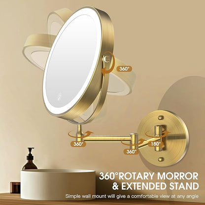 Wall Mounted Lighted Makeup Mirror,8" Rechargeable Double-Sided Light up Magnifying Mirror 1x/10x,3 Color Led Vanity Mirror with Lights,Touch Dimmable 360° Rotation-Antique Bronze