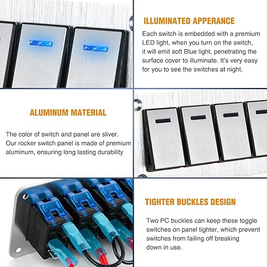 Nilight 4 Gang Rocker Switch Panel 3 Pin On Off Pre-Wired Toggle Switches Blue LED Waterproof Aluminum with DIY Stickers for 12V 24V Automotive Cars Marine Boats UTV Truck Jeeps